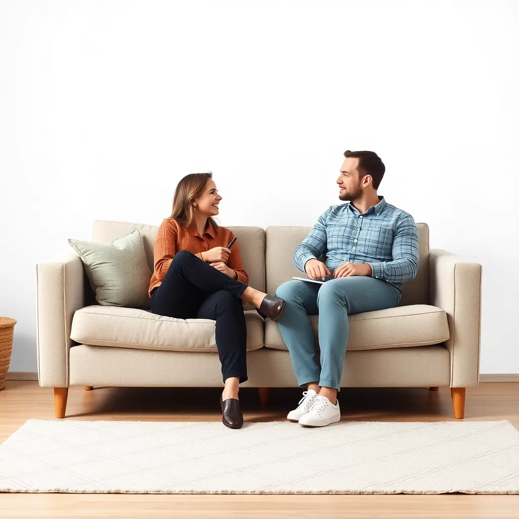 A couple having a conversation on a couch