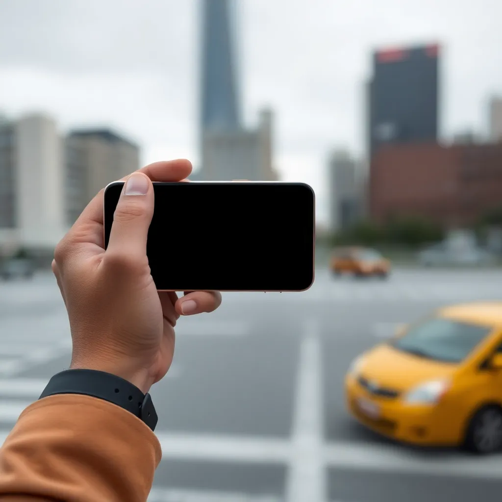 A person holding a smartphone, with a blurred background of a cityscape