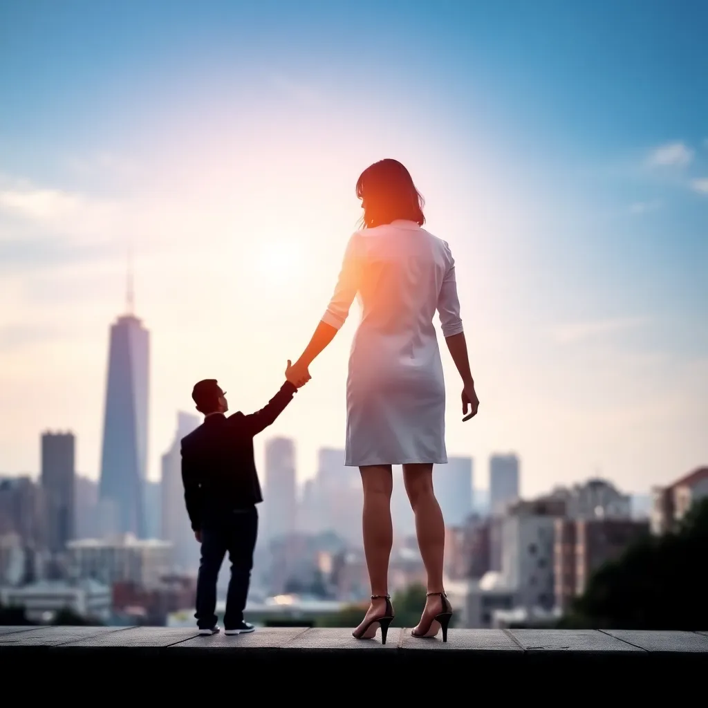 A couple holding hands, with a cityscape in the background