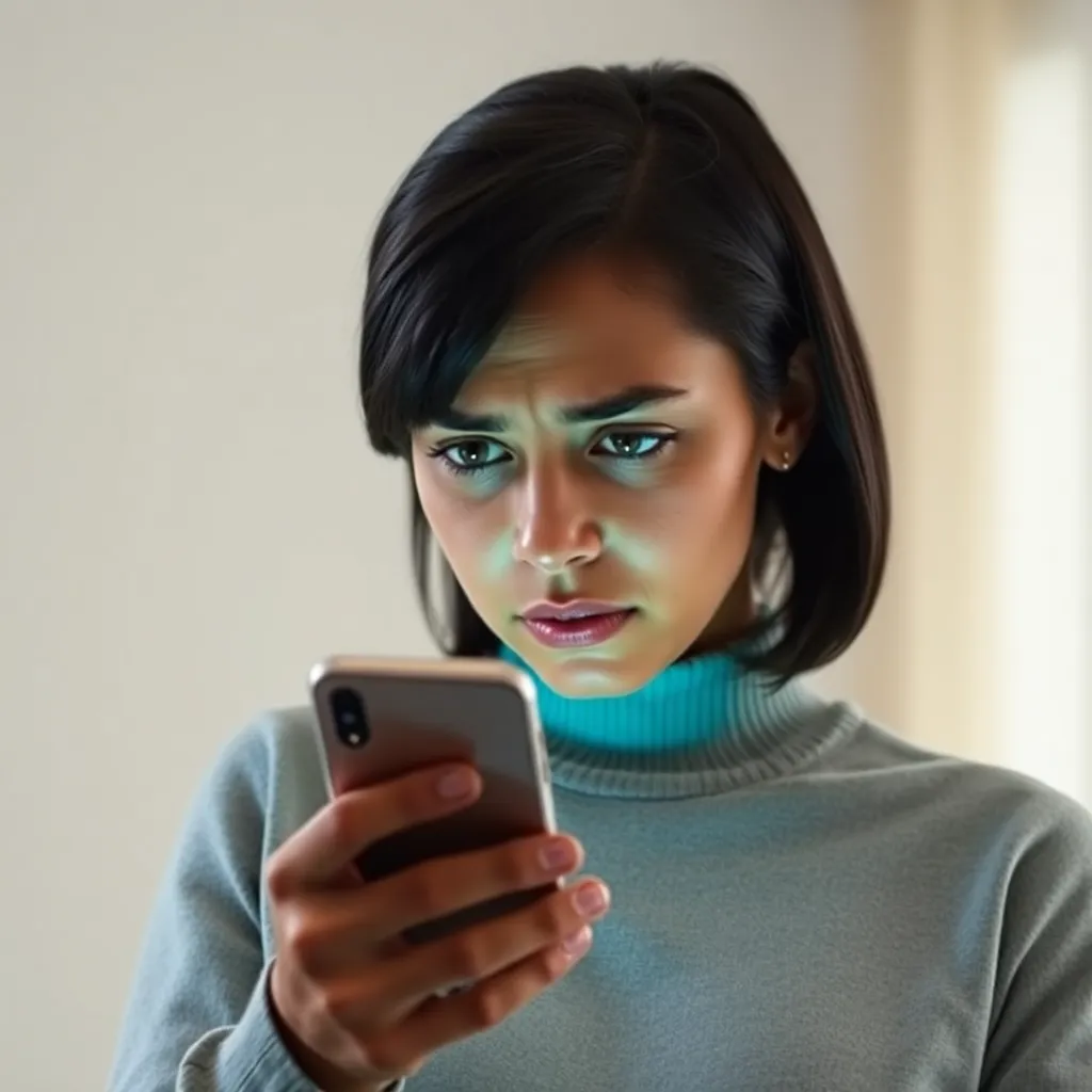 A person looking at their smartphone, with a worried expression