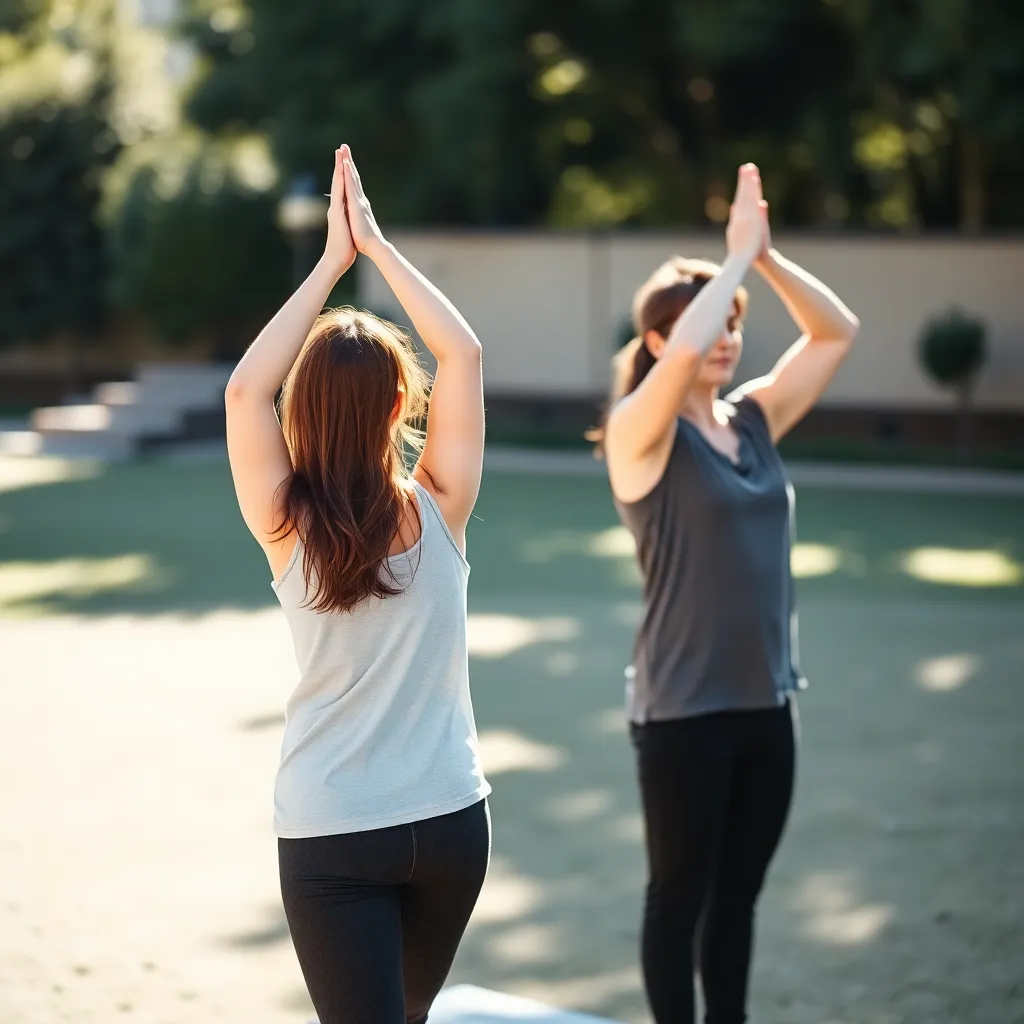 A couple practicing yoga together, outdoors