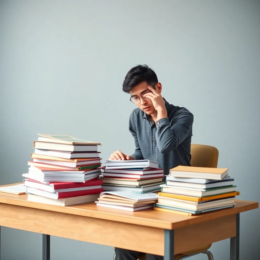 A frustrated language learner sitting at a desk with a pile of textbooks and notes