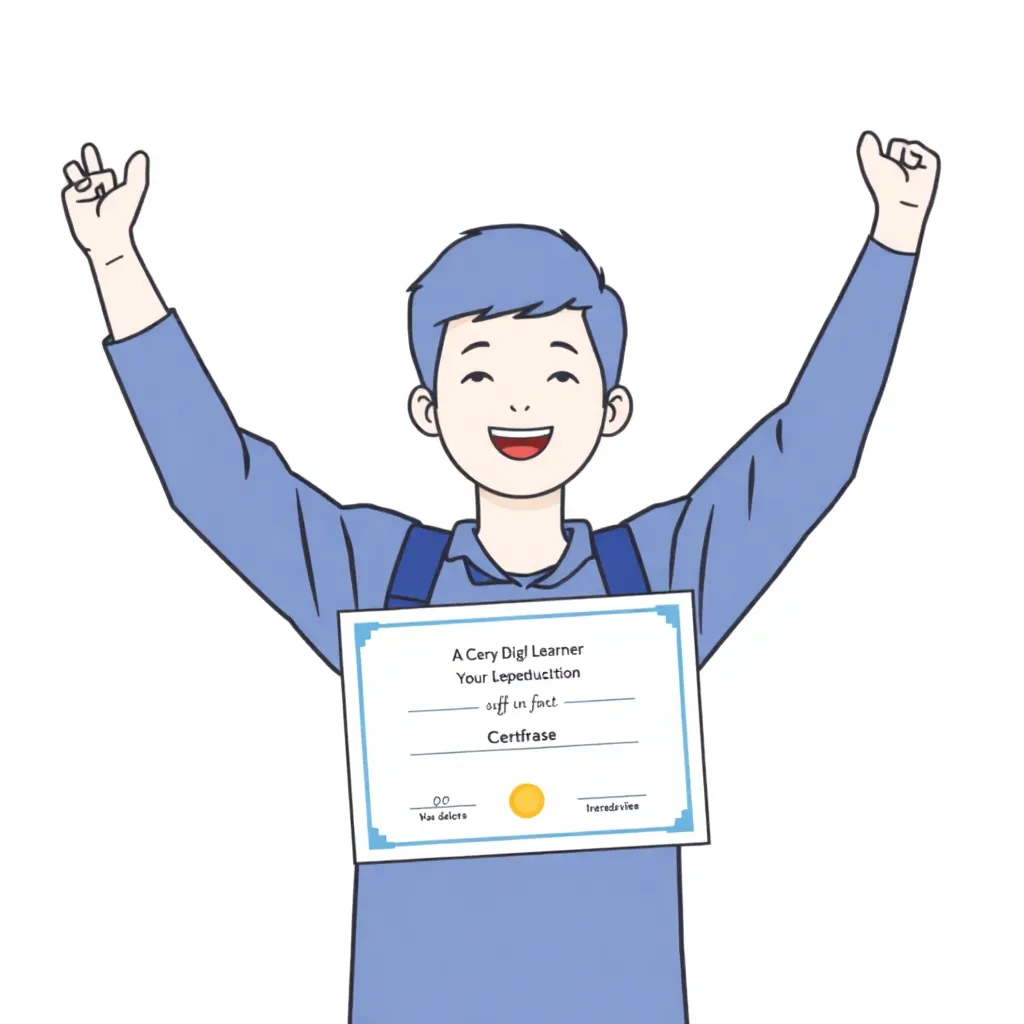 A language learner celebrating their progress with a certificate