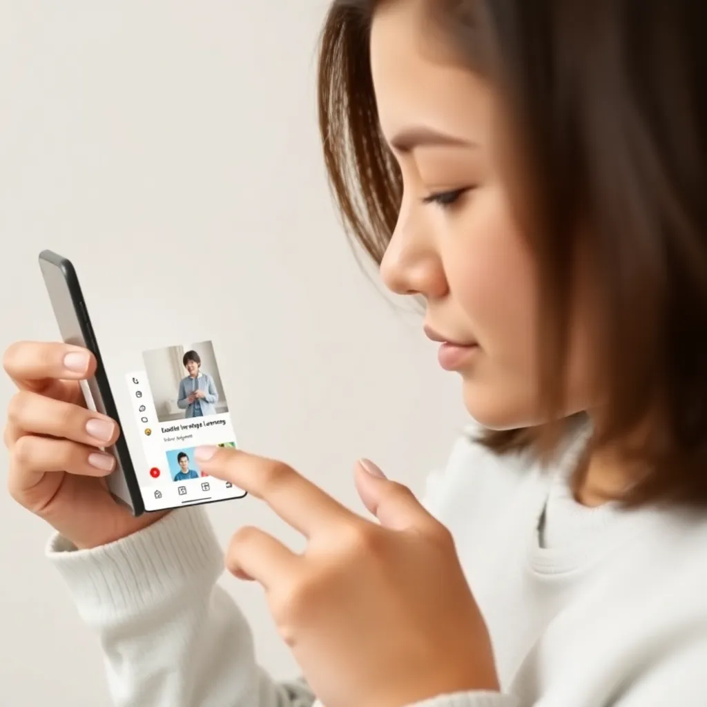 A language learner searching for videos on their phone