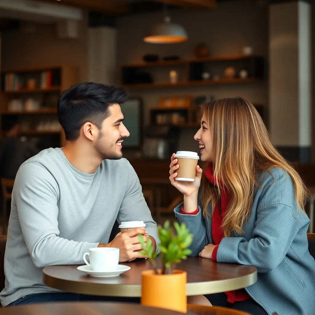 A couple having a casual coffee date in a coffee shop