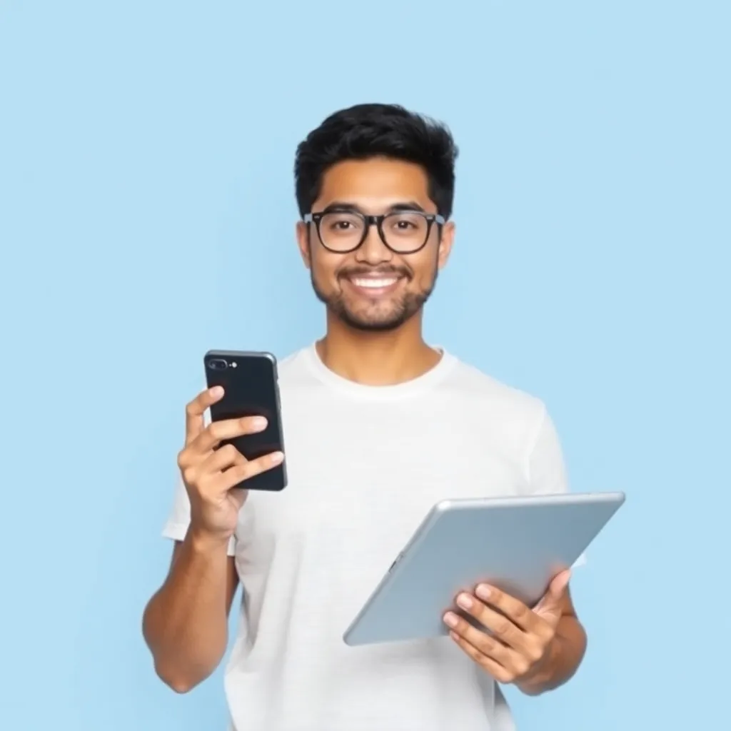 A person holding a smartphone and tablet