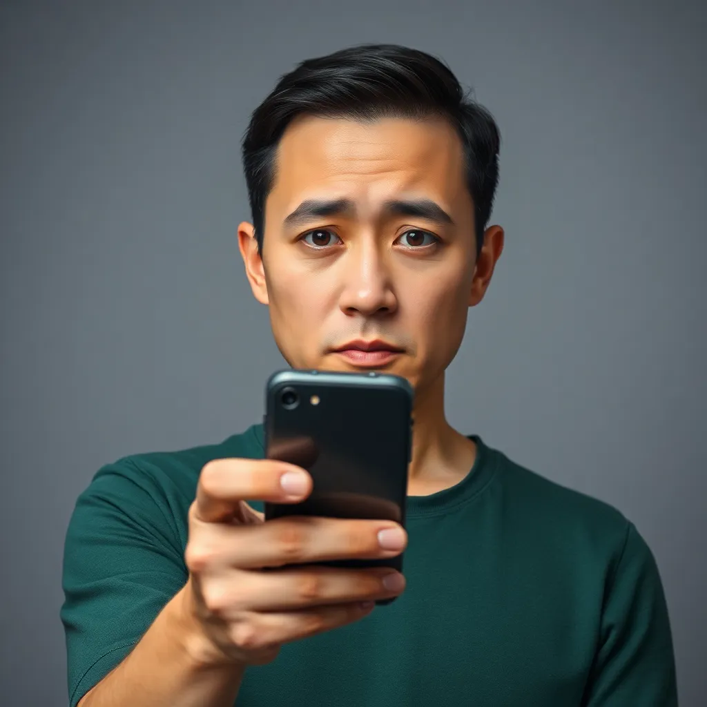 A person holding a smartphone with a concerned expression