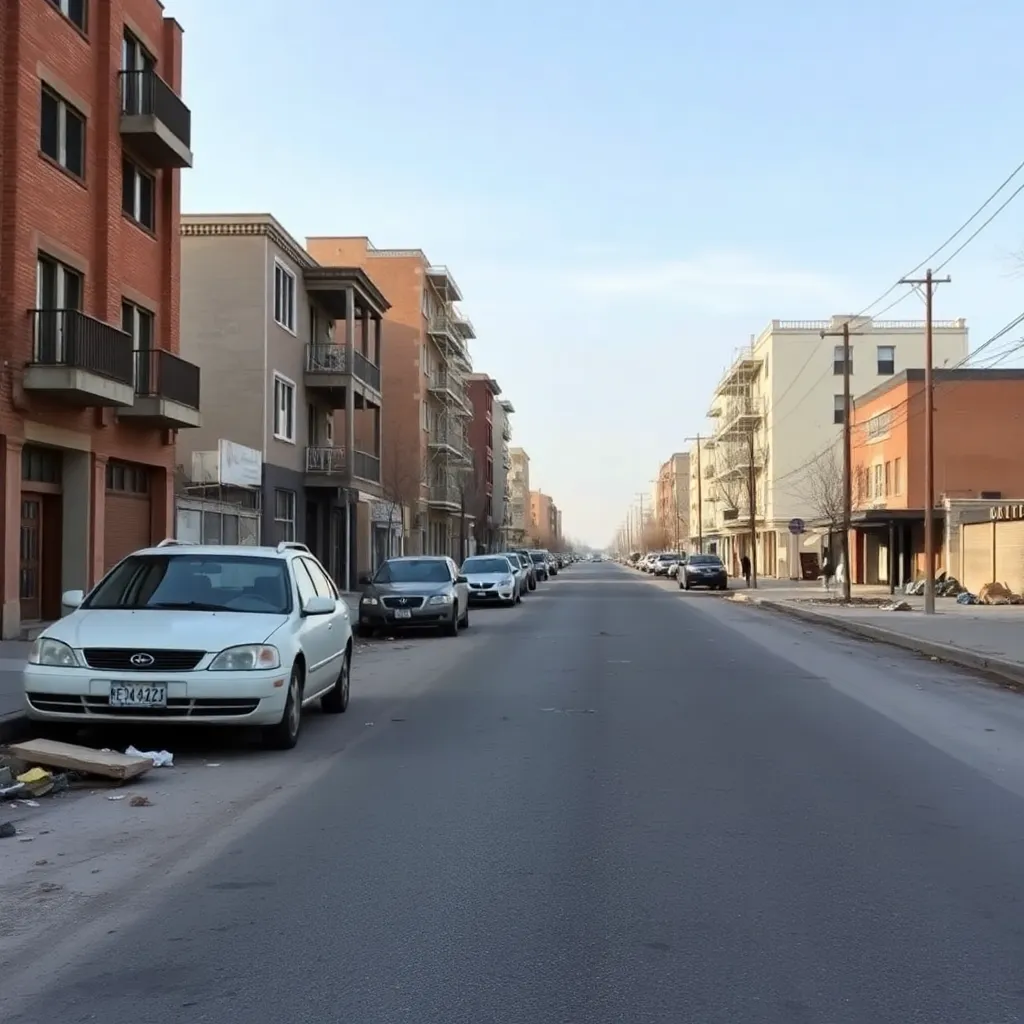 A deserted city street with abandoned cars and debris