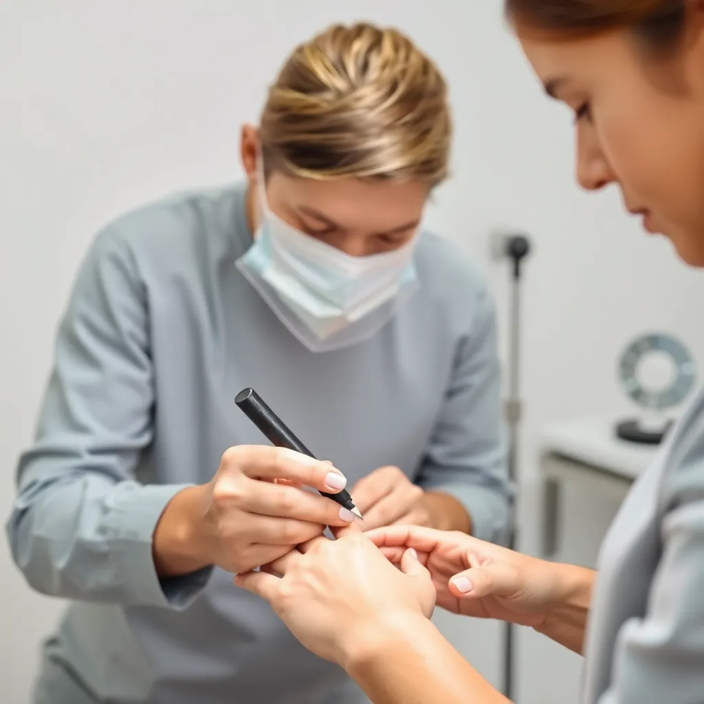 A nail technician shaping a client's nails