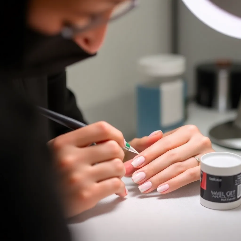 A nail technician applying a nail art design using Russian hard gel