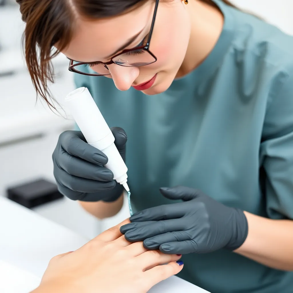 A nail technician applying gel polish to a client's nails