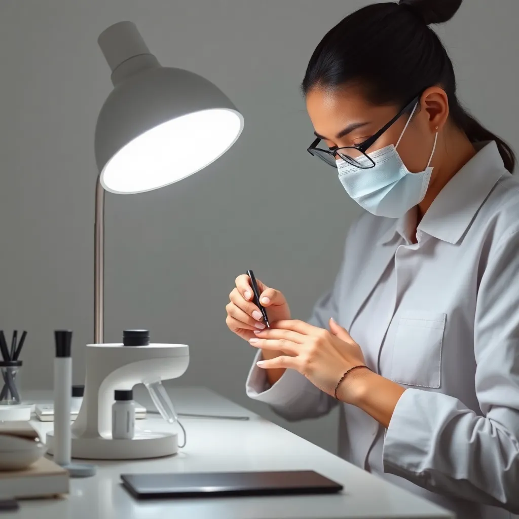 A nail technician creating a nail art design