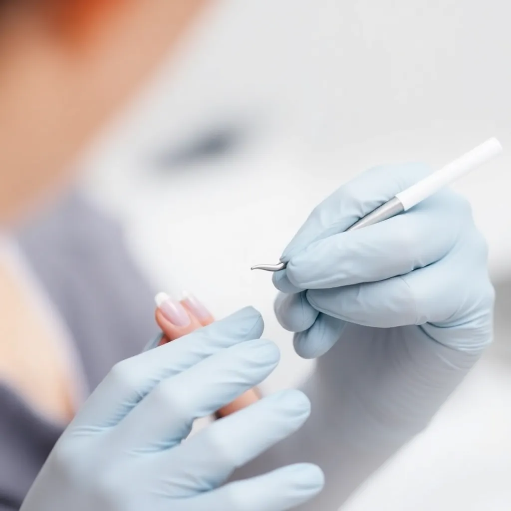 A nail technician applying gel overlay