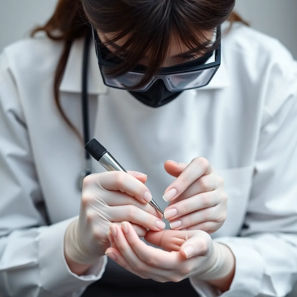 A nail technician shaping a nail