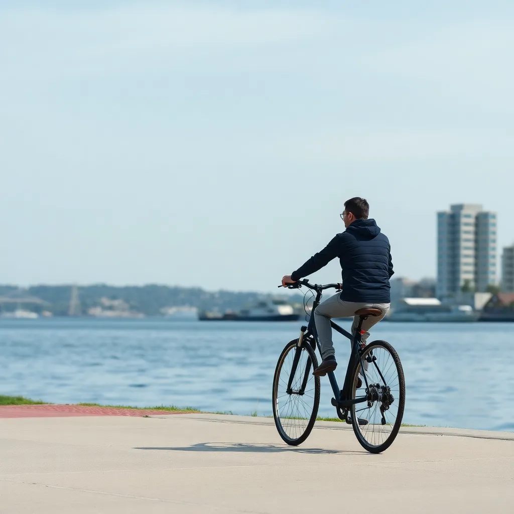 A person biking on a waterfront trail