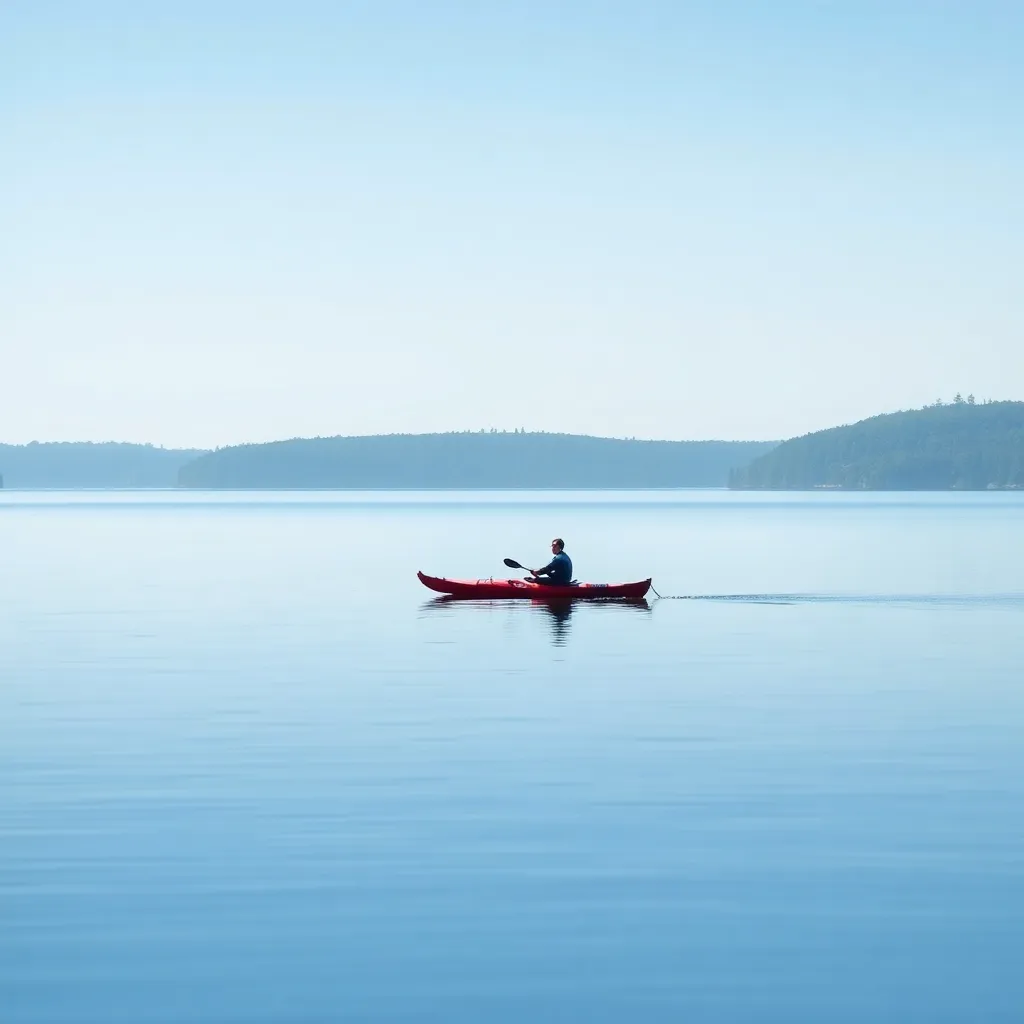 A person kayaking on a calm lake