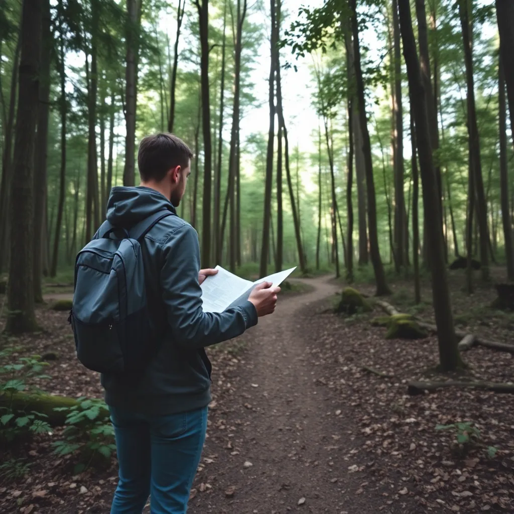 A person using a map to navigate a forest trail