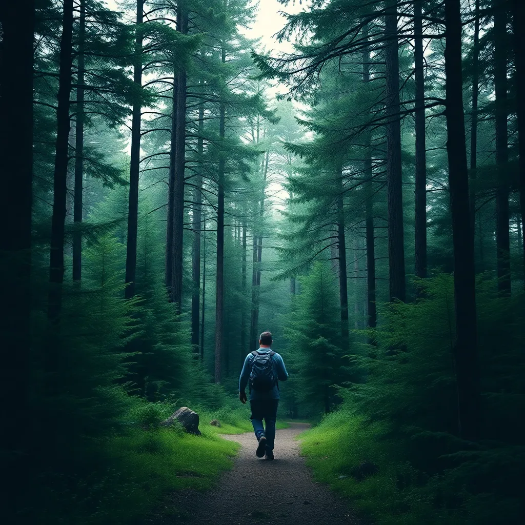 A lone hiker walking through a dense forest