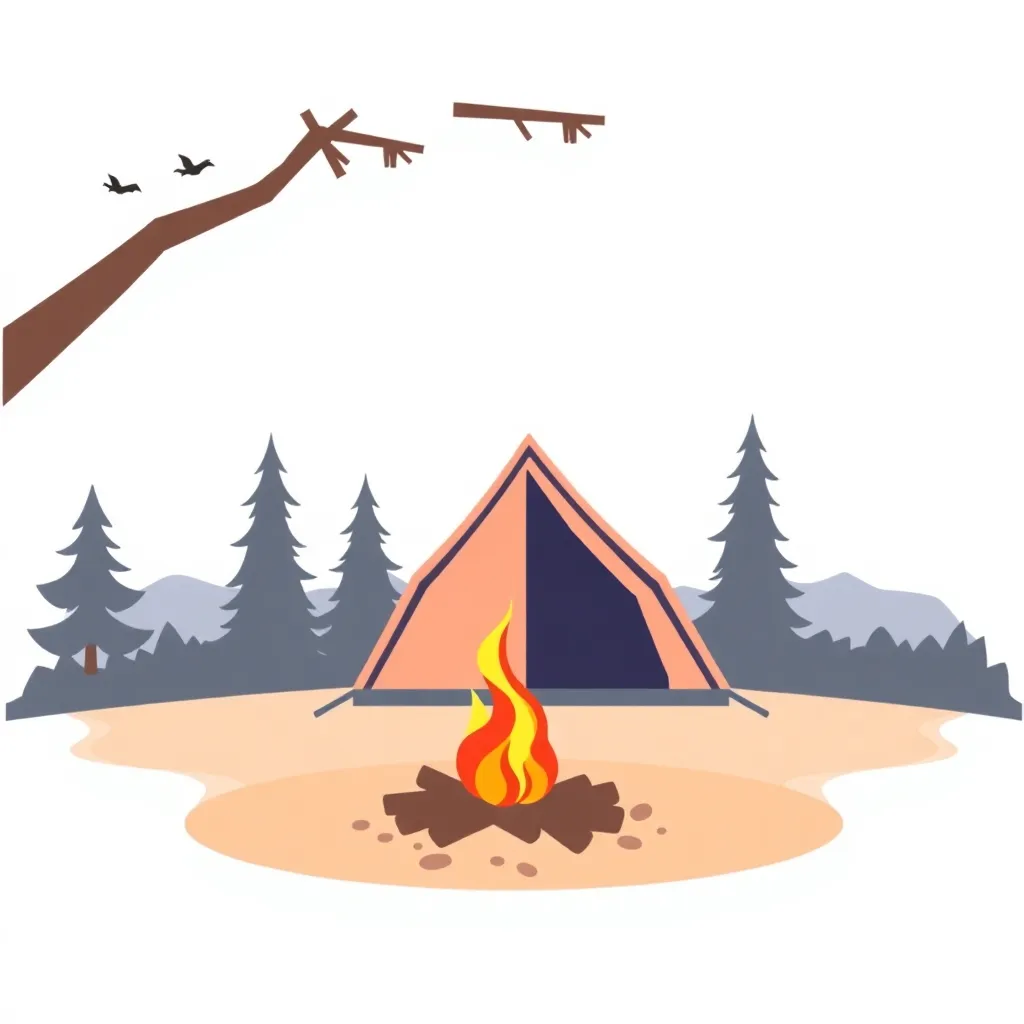 A campsite with a tent and a campfire