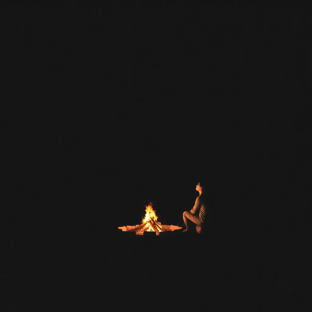 A person sitting by a campfire, looking up at the stars