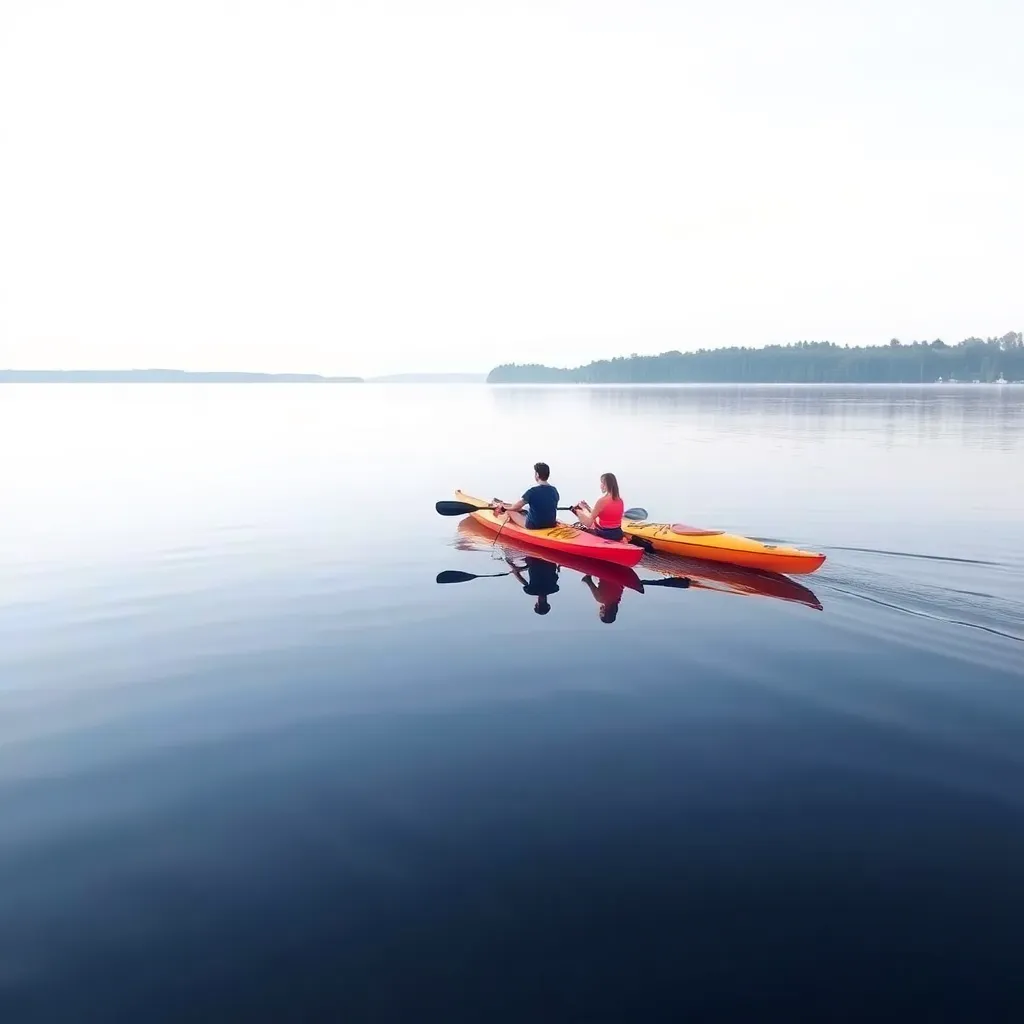 A group of people kayaking in a lake