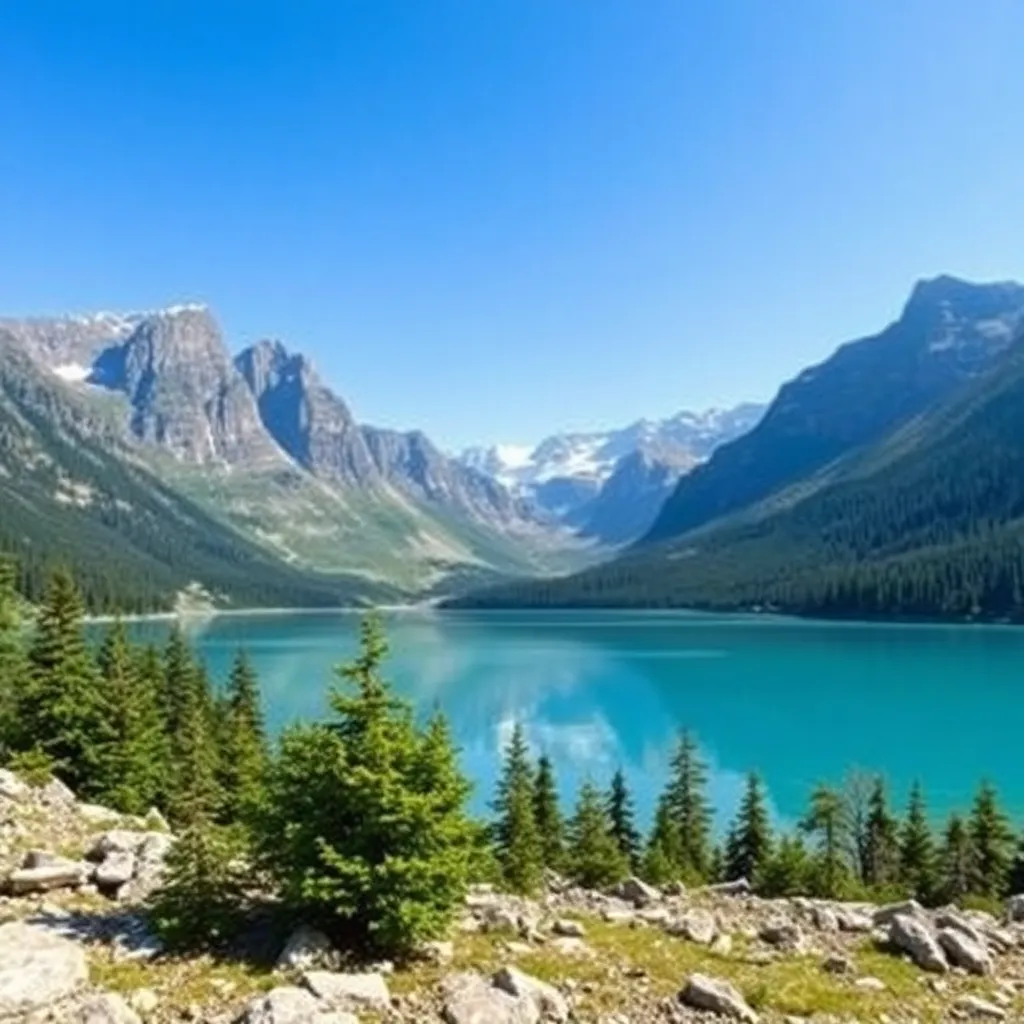 A serene alpine lake surrounded by towering peaks