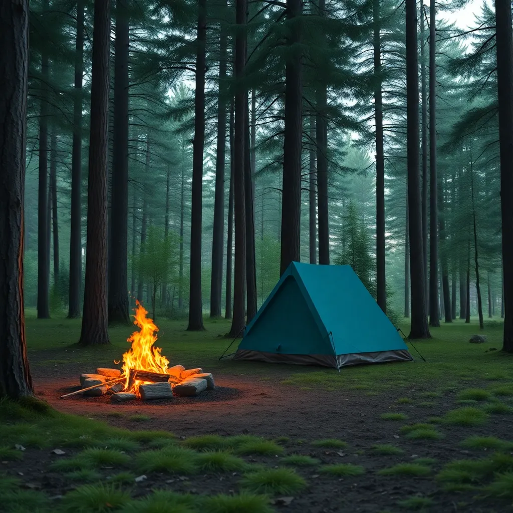 A campsite in the woods with a tent and a campfire