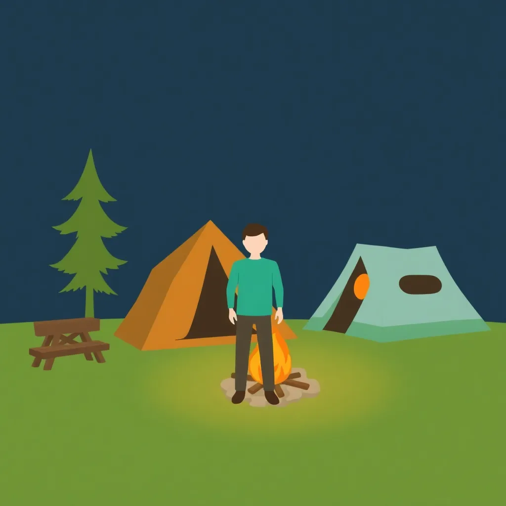 A person standing in front of a campsite with a tent and a campfire