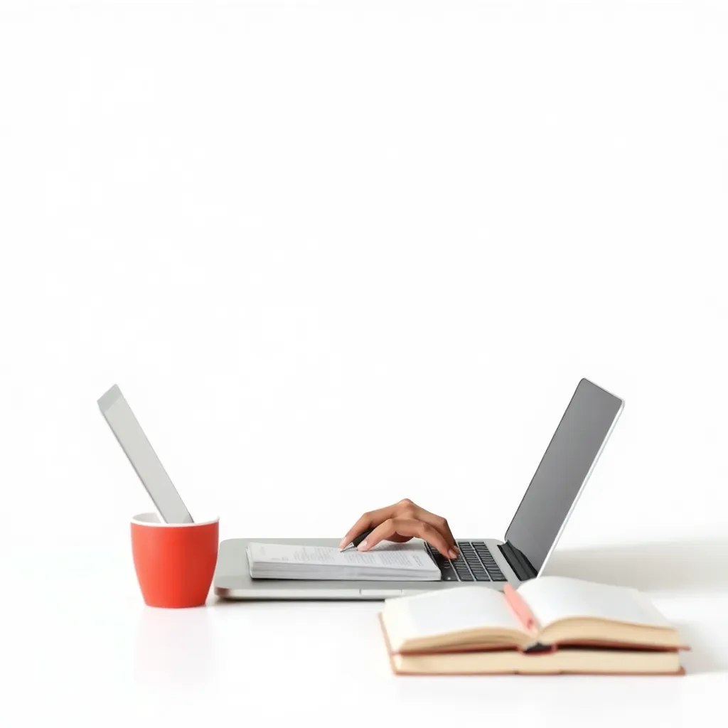 A person writing a book review on a laptop