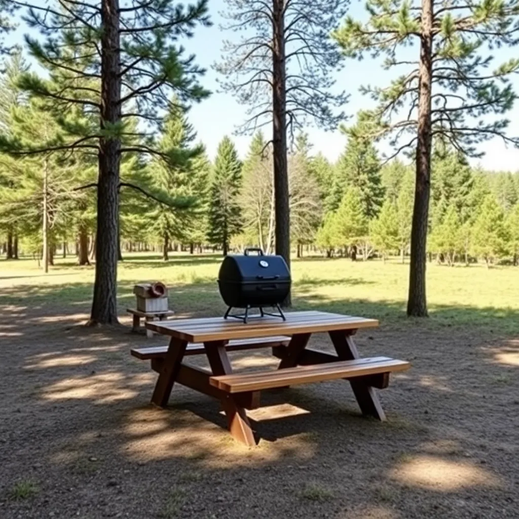 A picnic table and grill at a campsite