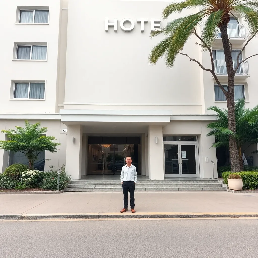 A person standing in front of a hotel in the surrounding area