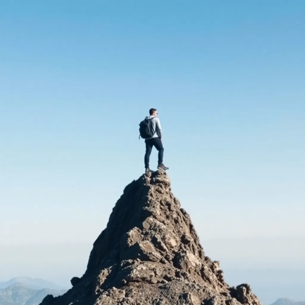 A solo hiker standing atop a mountain peak