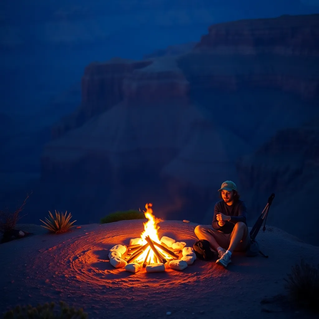 A camper sitting by a campfire at the Grand Canyon