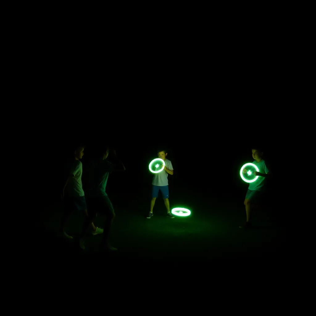 A group of campers playing glow-in-the-dark Frisbee