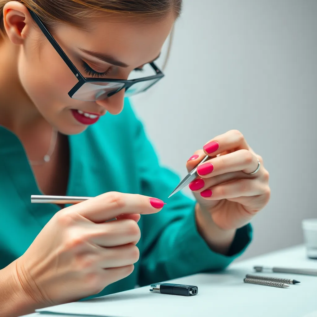 A skilled technician creating a intricate nail design