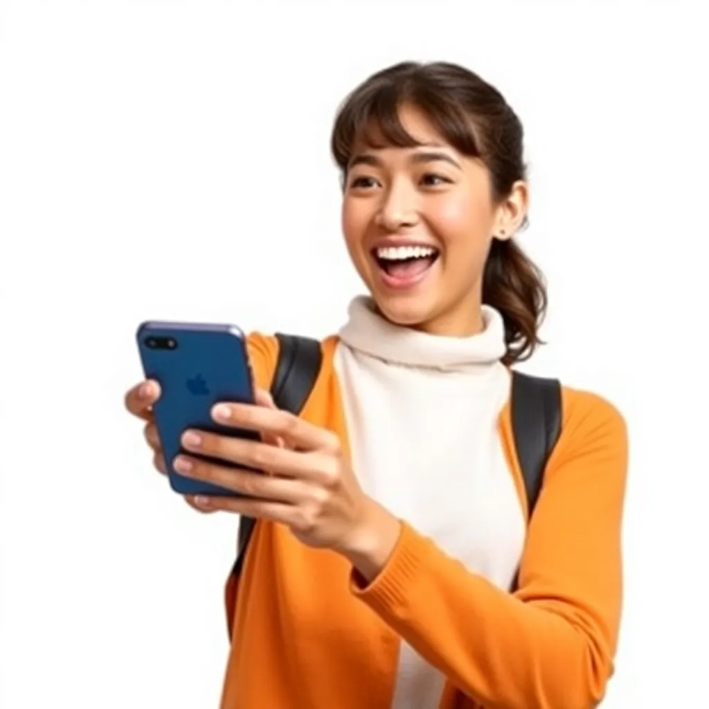 A person holding a smartphone, with a look of excitement on their face