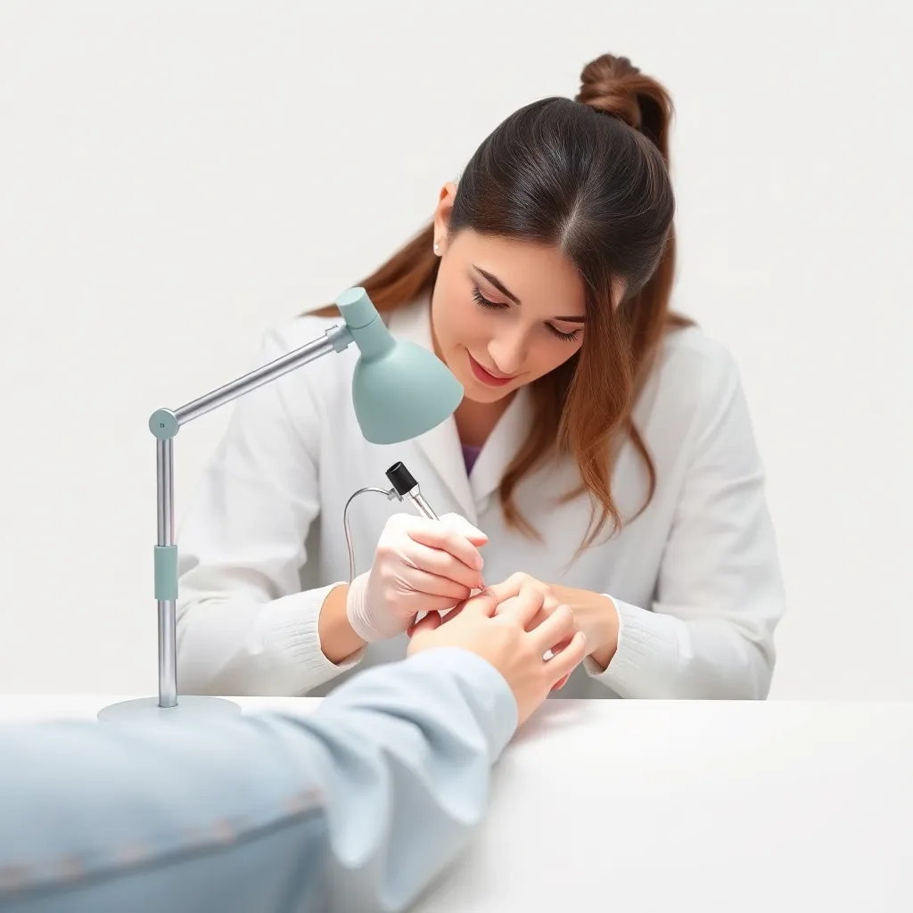 A nail technician working on a client's nails