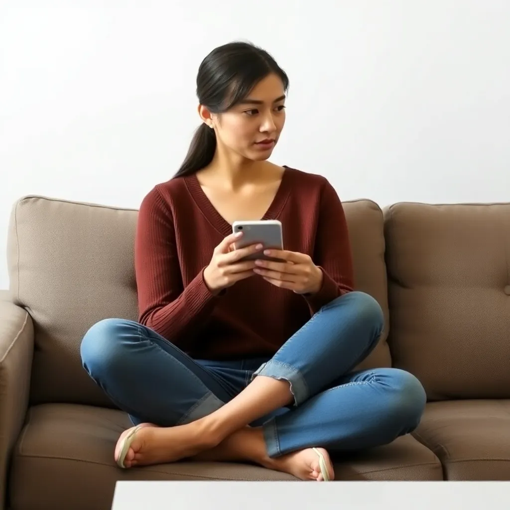 A woman sitting on a couch with her phone in hand, looking thoughtful