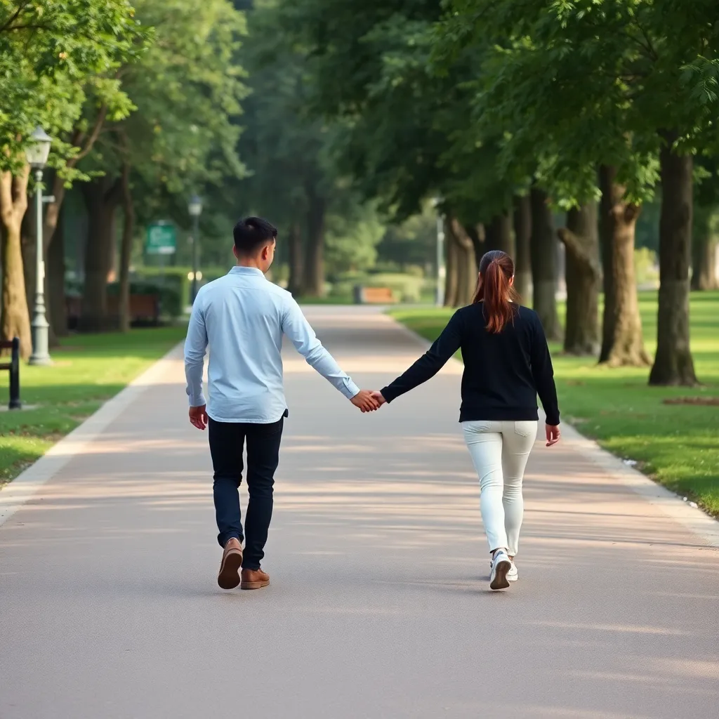 A couple walking hand in hand in a park