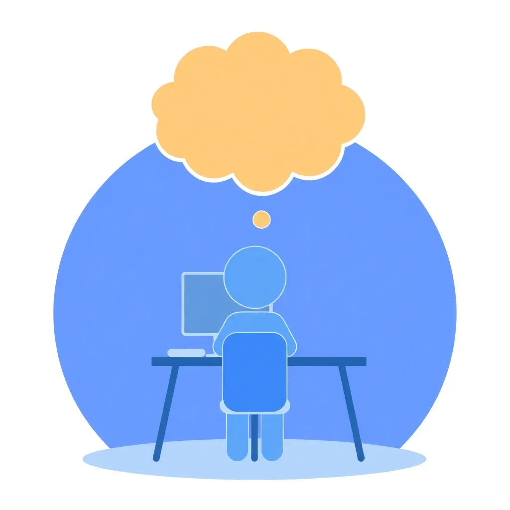A person sitting in front of a computer with a thought bubble above their head