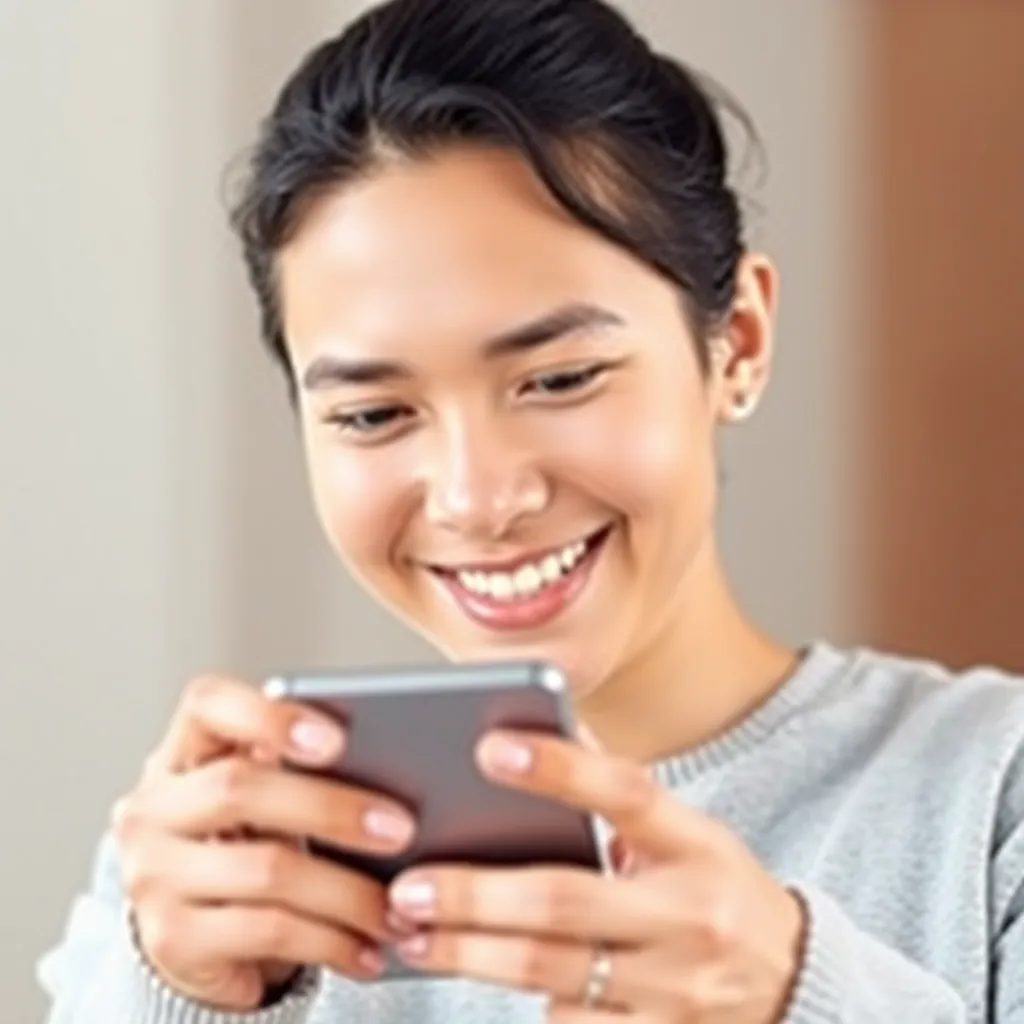 A person looking at a smartphone with a happy expression