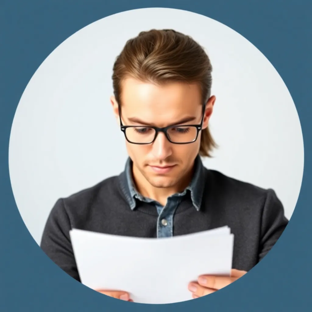 A person looking at a document with a serious expression
