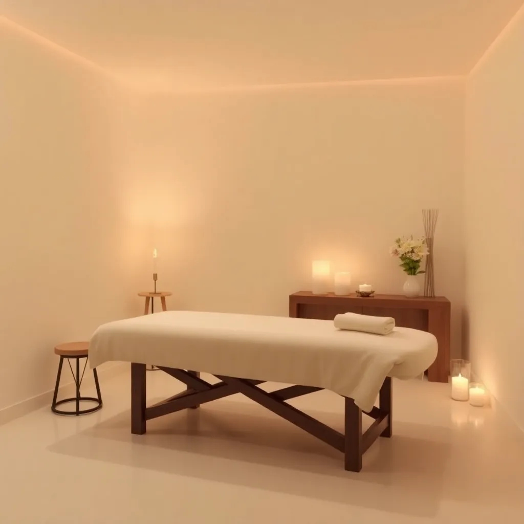 A serene, candlelit treatment room with a plush massage table