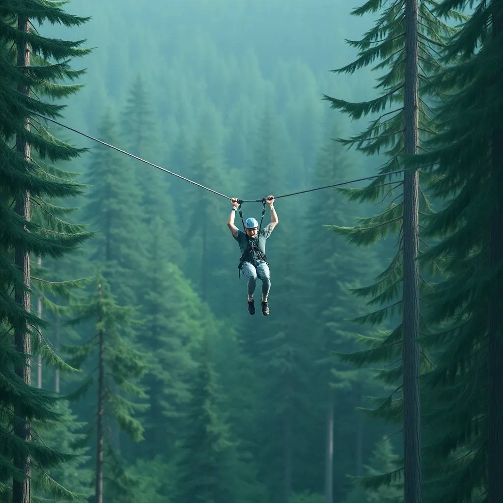 A person zip lining through a forest