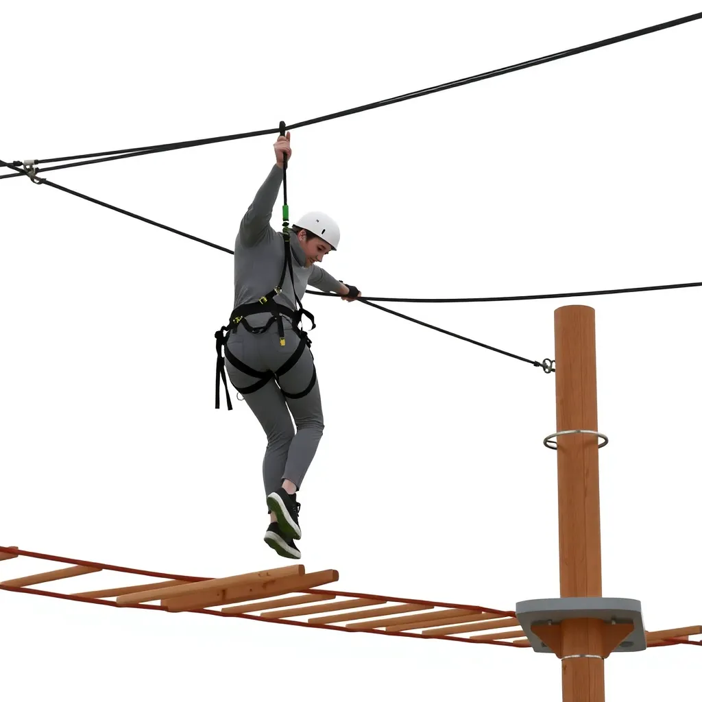 A person navigating a high-ropes course