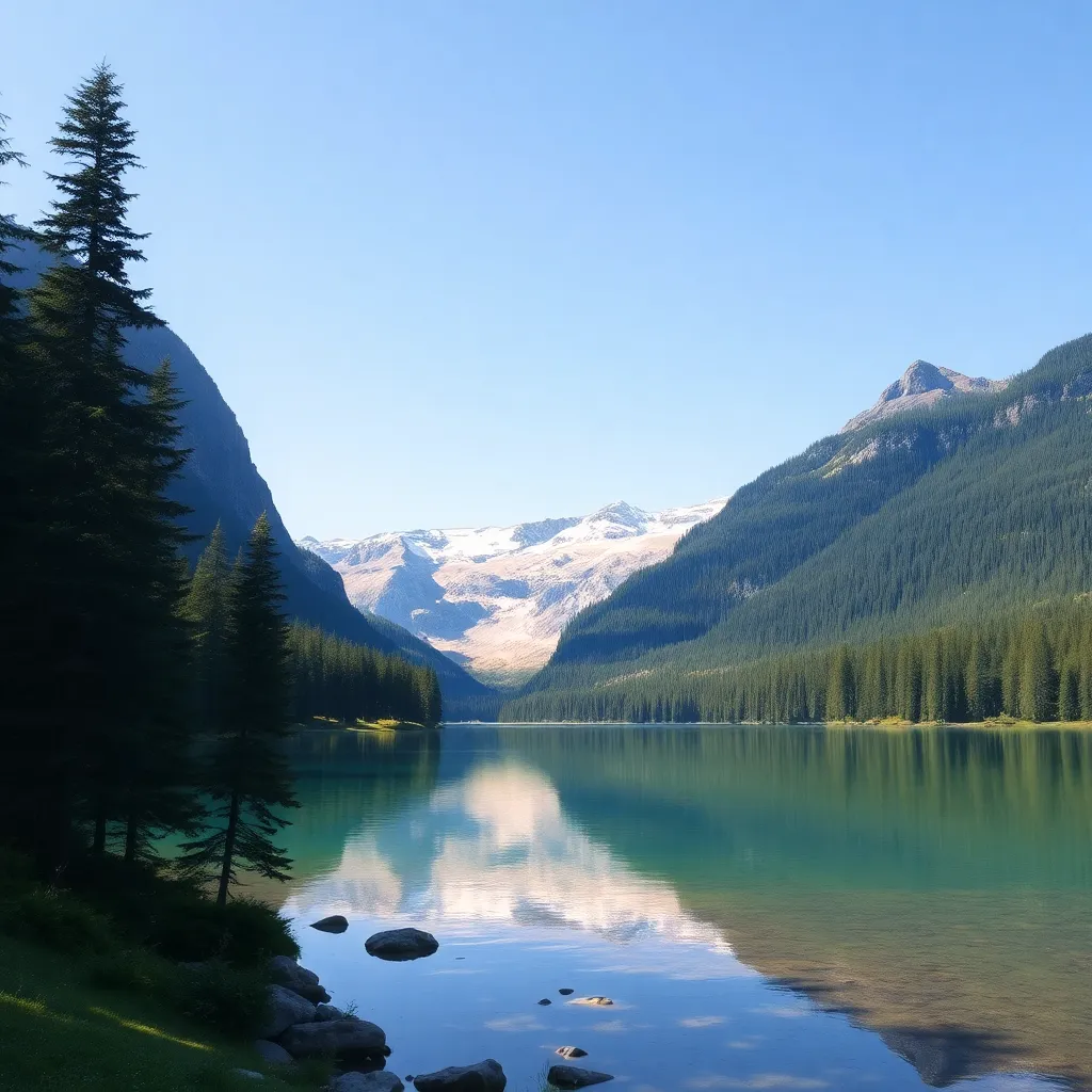 A serene lake surrounded by towering trees and majestic mountains