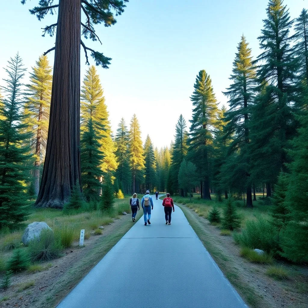 A group of people hiking on a paved trail surrounded by giant sequoias