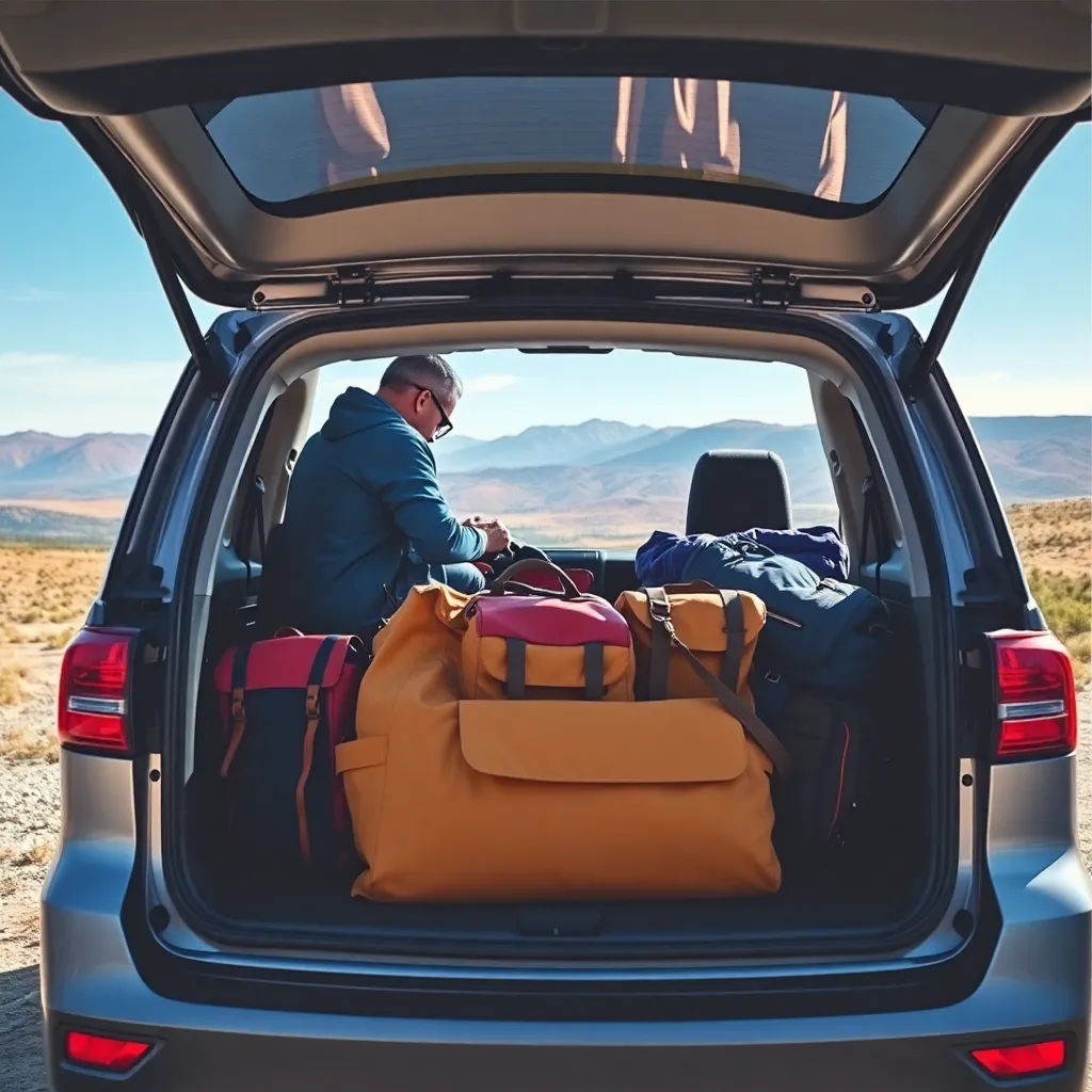 A person packing gear into a car, with a scenic landscape in the background