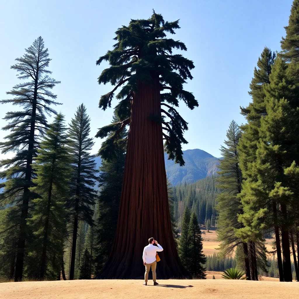 A person standing in front of a giant sequoia, with a scenic landscape in the background