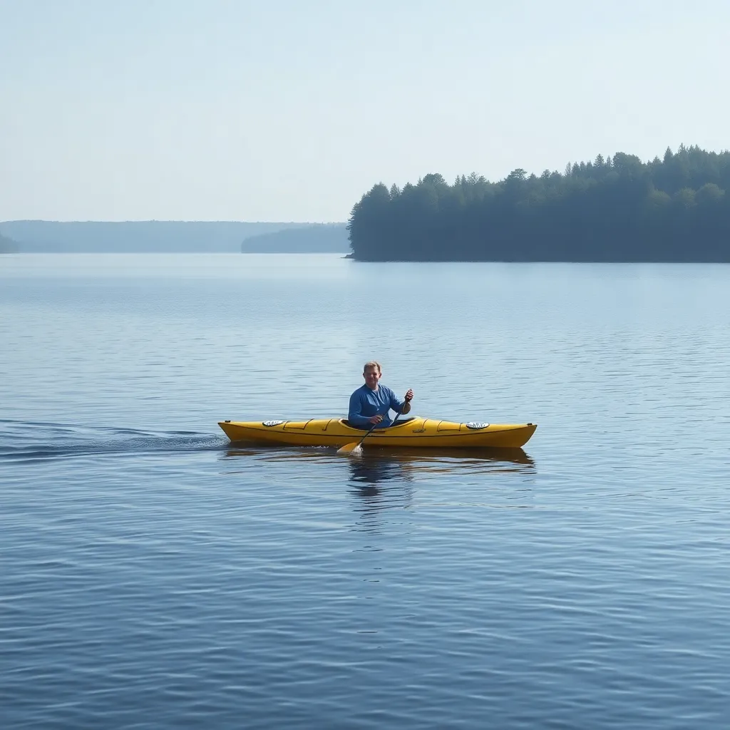 A person kayaking on a lake